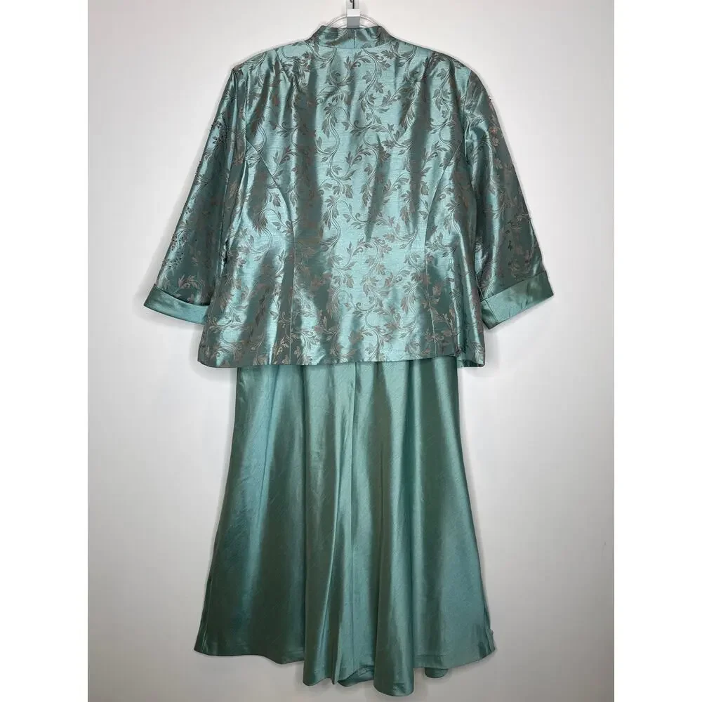 2000s R&M Richards seafoam brocade jacket & satin dress set size 18